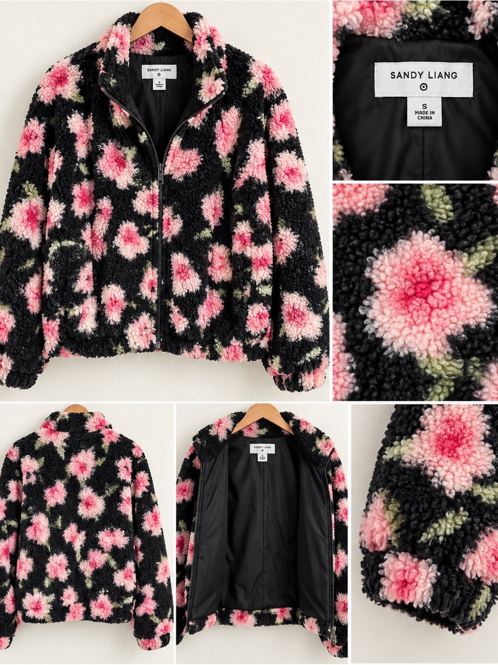 Sandy Liang Black Sherpa Jacket with Pink Floral Print